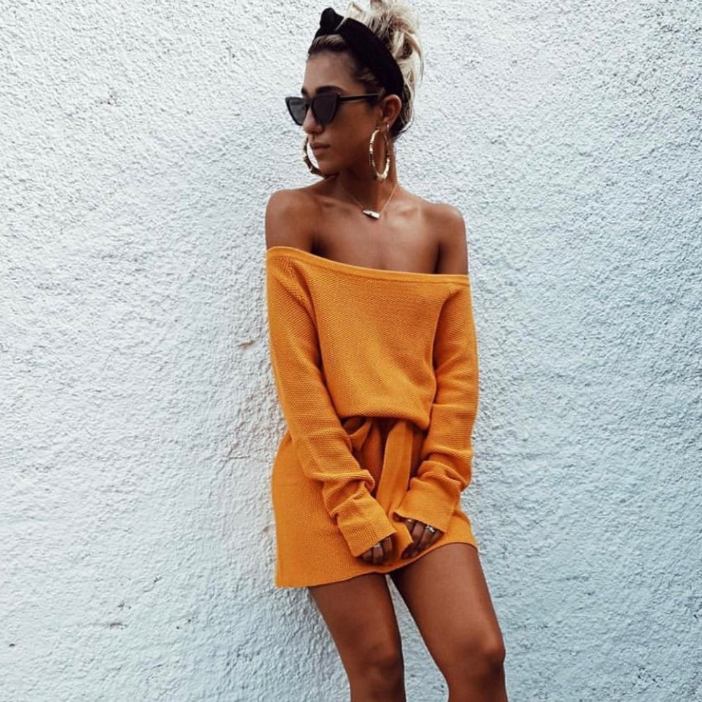 Sabo Skirt Asira Off-The-Shoulder Knit Sweater Orange Dress